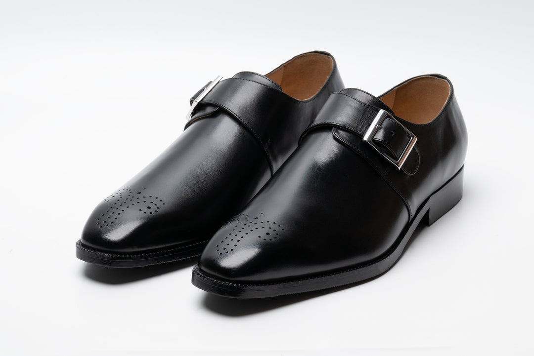 Medallion Single Monkstrap Leather Shoes - Black