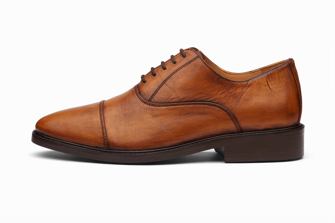 Distressed tan patina cap toe Oxford — side profile — handcrafted leather India