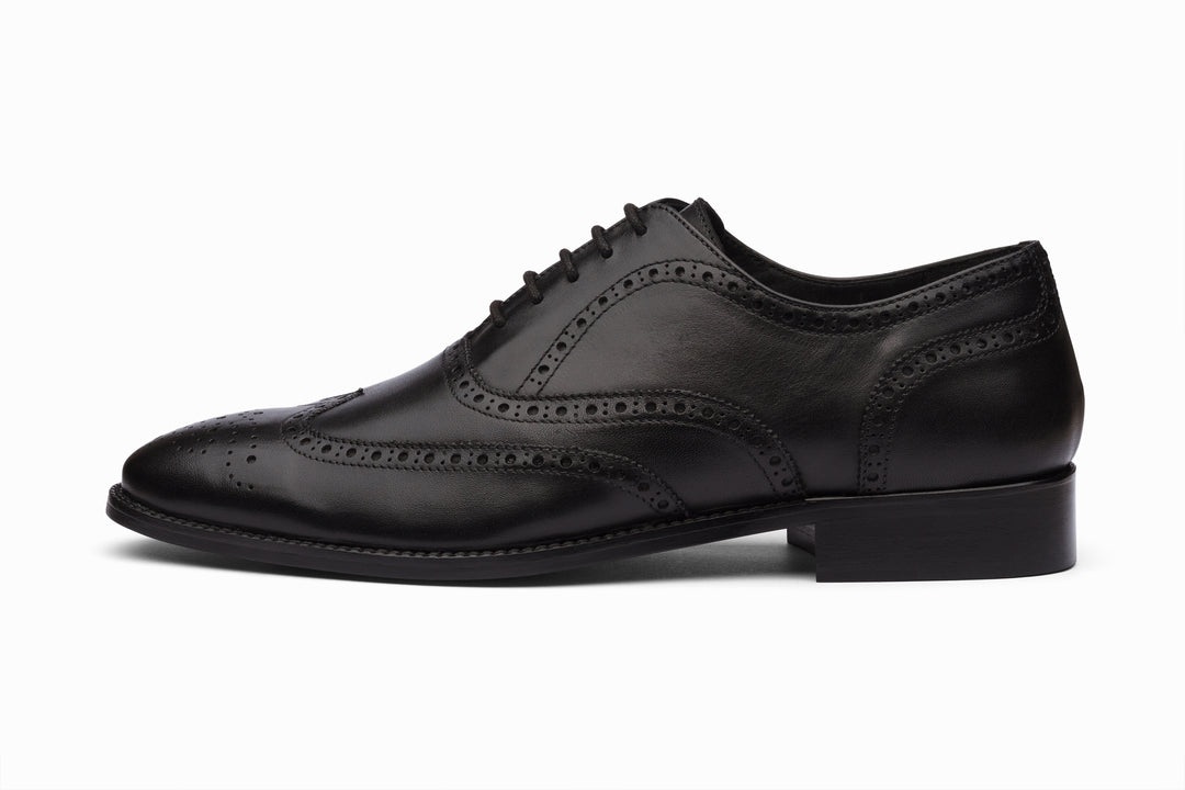 Black full brogue wingtip Oxford — side profile — handcrafted leather shoes India