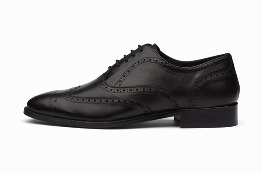 Black full brogue wingtip Oxford — side profile — handcrafted leather shoes India