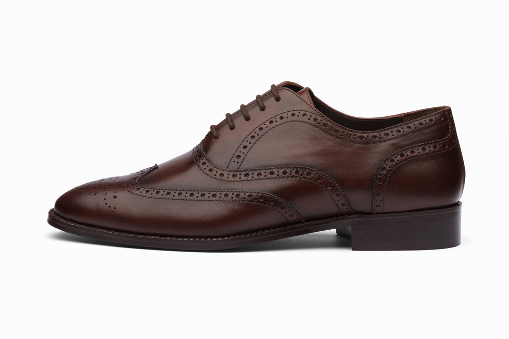 Dark brown full brogue wingtip Oxford — side profile — handcrafted leather shoes India