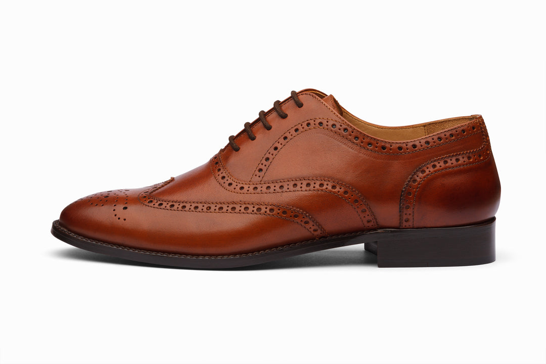 Tan full brogue wingtip Oxford — side profile — handcrafted leather shoes India