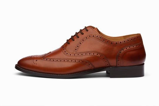Tan full brogue wingtip Oxford — side profile — handcrafted leather shoes India