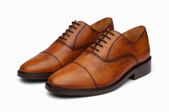 Cap Toe Oxford in distressed tan patina — front view — Dapper Shoes Co.