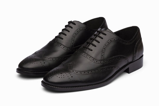 Full Brogue Wingtip Oxford in black leather — front view — Dapper Shoes Co.