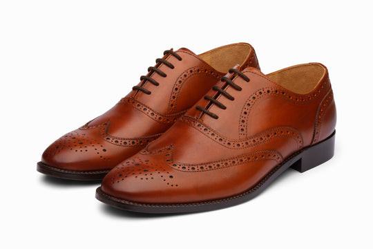 Full Brogue Wingtip Oxford in tan leather — front view — Dapper Shoes Co.