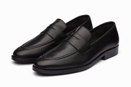 Soft Unlined Penny Loafer in black leather — front view — Dapper Shoes Co.