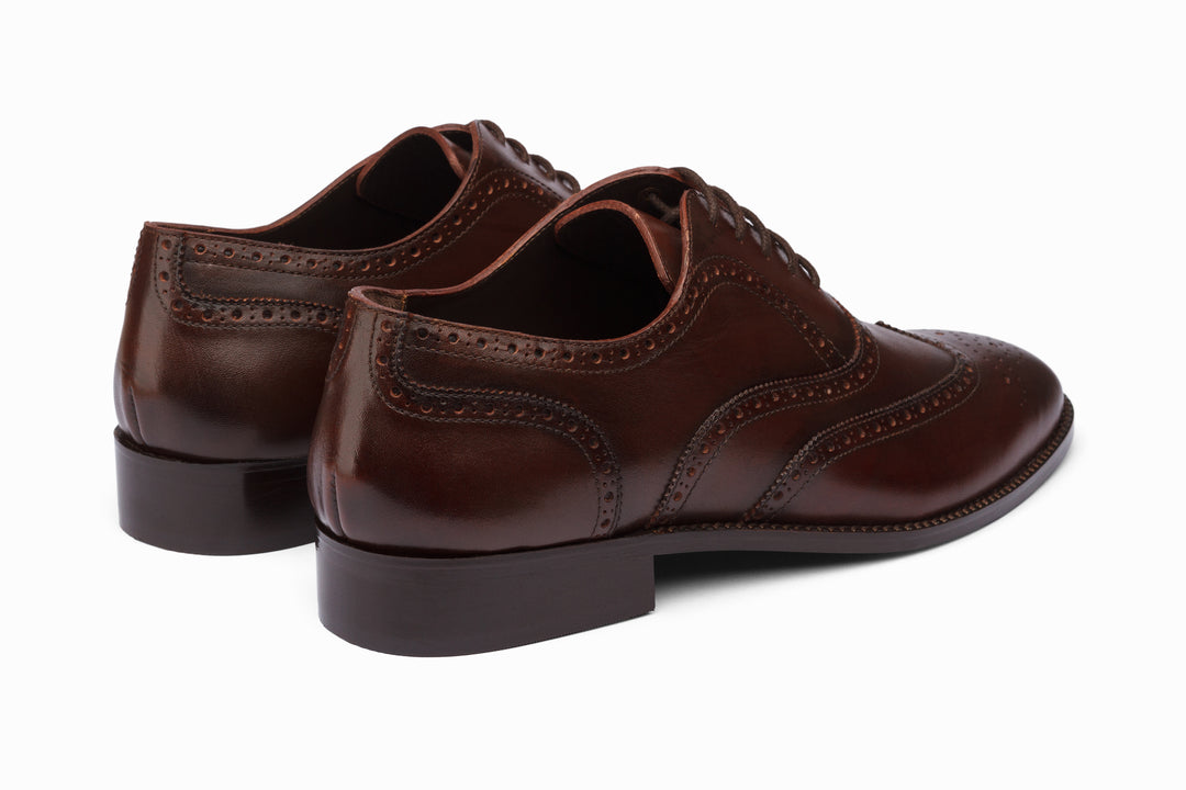 Full brogue wingtip Oxford dark brown — three-quarter view — Dapper Shoes Co.