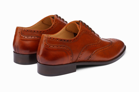Full brogue wingtip Oxford tan — three-quarter view — Dapper Shoes Co.