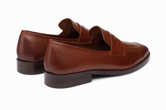 Brown penny loafer — three-quarter view — Dapper Shoes Co.