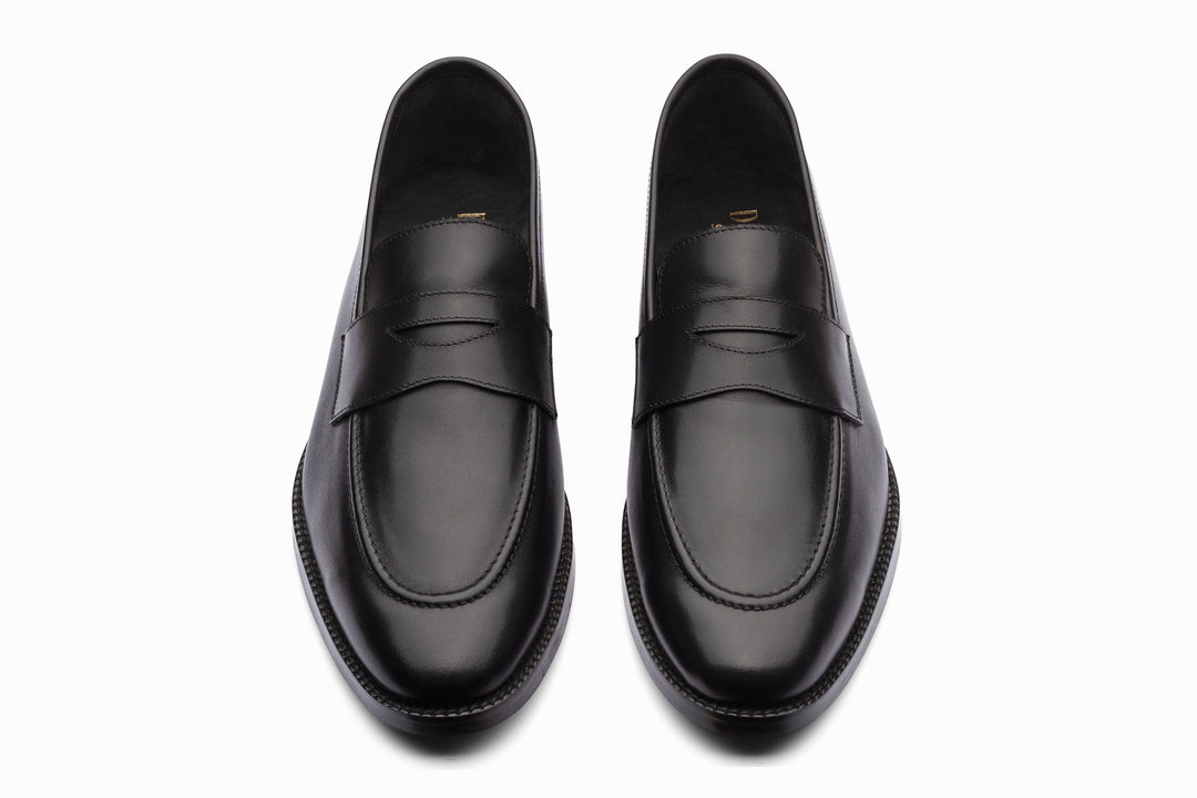 Black leather penny loafer — penny strap detail — Dapper Shoes Co.