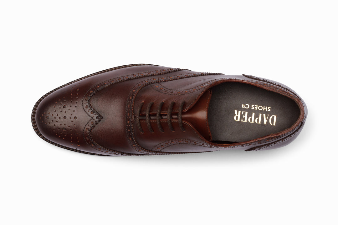 Dark brown full brogue wingtip Oxford — sole view — handcrafted in Delhi