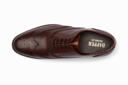 Dark brown full brogue wingtip Oxford — sole view — handcrafted in Delhi