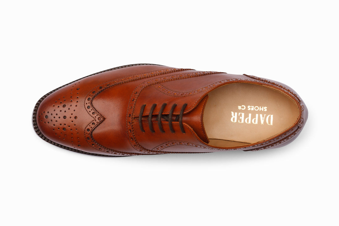 Tan full brogue wingtip Oxford — sole view — handcrafted in Delhi