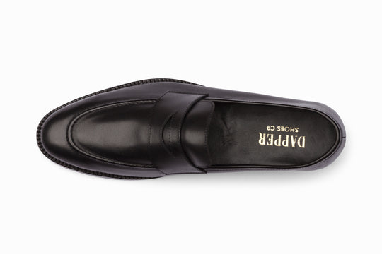 Black soft unlined penny loafer — sole view — handcrafted in New Delhi