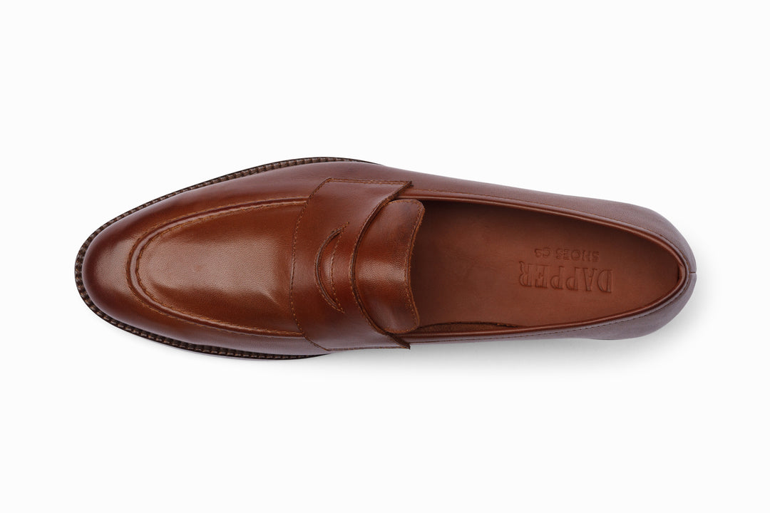 Brown soft unlined penny loafer — sole view — handcrafted in Delhi