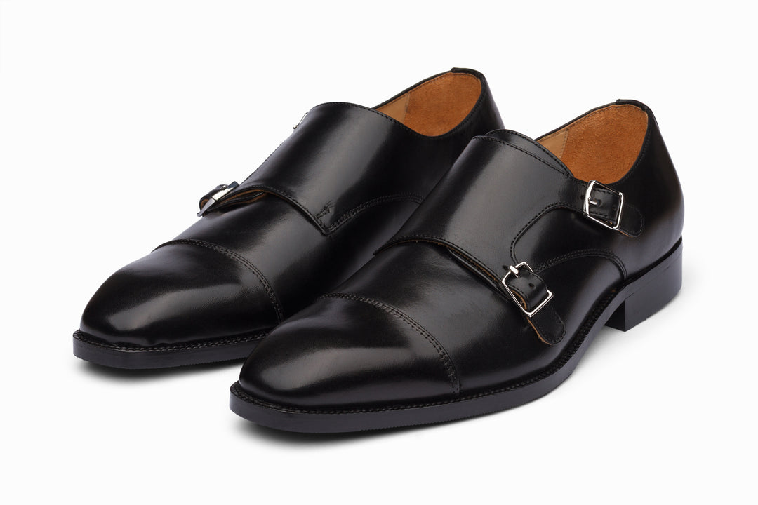 Cap Toe Double Monkstrap in black leather — front view — Dapper Shoes Co.