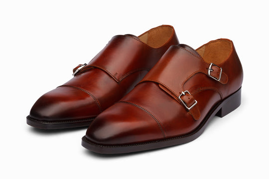 Cap Toe Double Monkstrap in cognac leather — front view — Dapper Shoes Co.