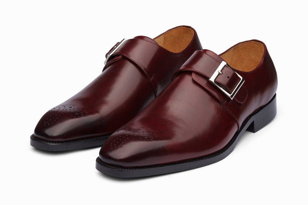 Medallion Single Monkstrap in burgundy leather — front view — Dapper Shoes Co.