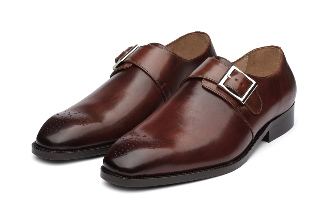 Medallion Single Monkstrap in brown leather — front view — Dapper Shoes Co.