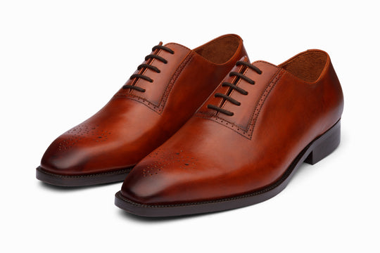 Medallion Oxford in antique tan patina leather — front view — Dapper Shoes Co.