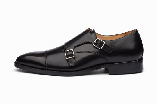 Black cap toe double monkstrap — three-quarter view — Dapper Shoes Co.
