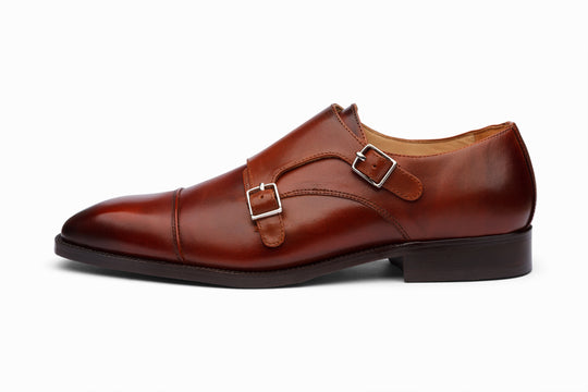 Cap toe double monkstrap — three-quarter view — cognac calfskin — Dapper Shoes Co.