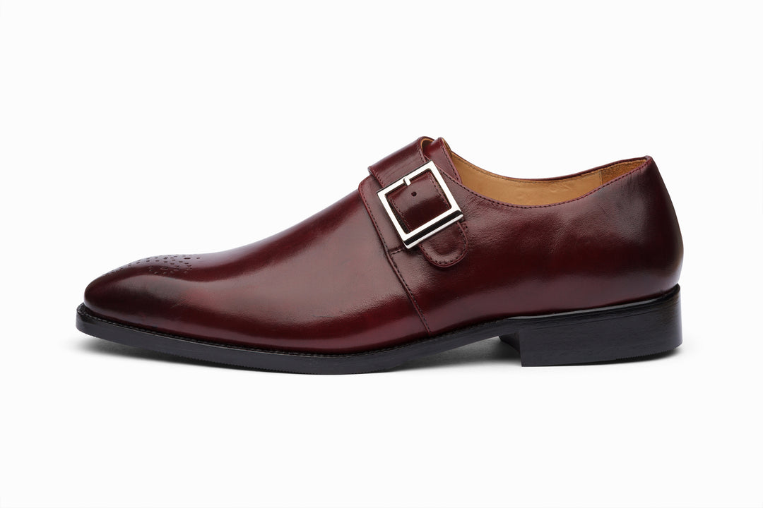 Burgundy medallion monkstrap — three-quarter view — Dapper Shoes Co.