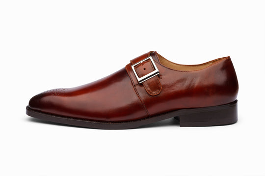 Cognac single monk strap shoes — top-down view — handcrafted in Delhi