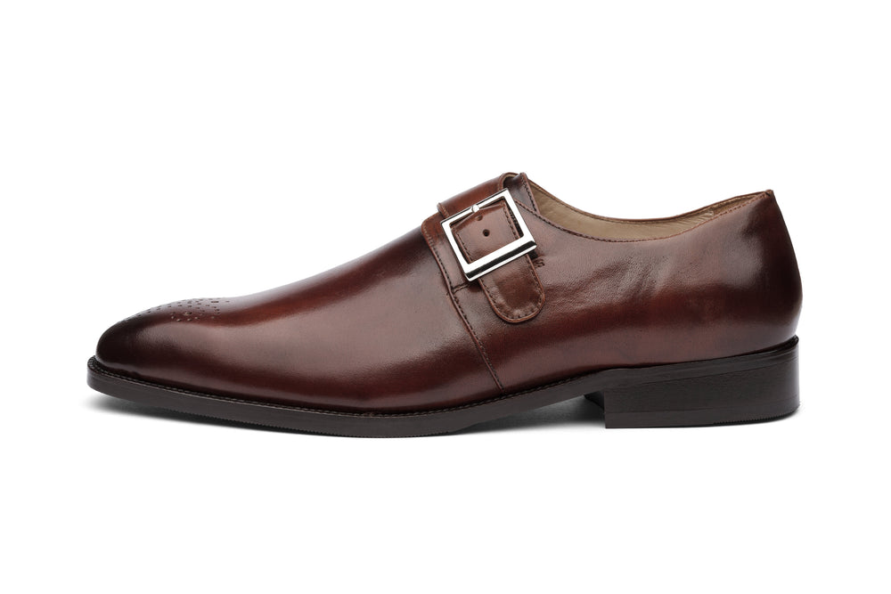 Brown medallion single monkstrap — top-down view — handcrafted in Delhi