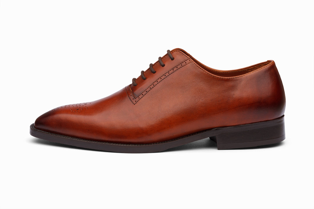 Medallion Oxford antique tan patina — three-quarter view — Dapper Shoes Co.