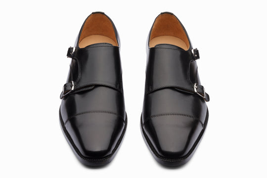 Black double monkstrap shoes — side profile — handcrafted calfskin leather