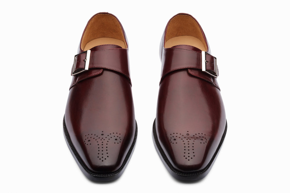 Burgundy single monkstrap shoes — side profile — handcrafted calfskin leather