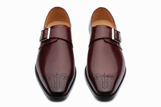 Burgundy single monkstrap shoes — side profile — handcrafted calfskin leather