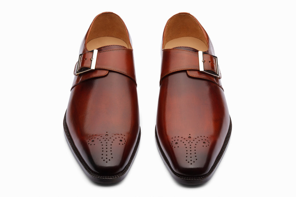 Cognac medallion single monkstrap — side profile — handcrafted calfskin