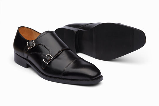 Black leather double monkstrap — buckle detail closeup — Dapper Shoes Co.