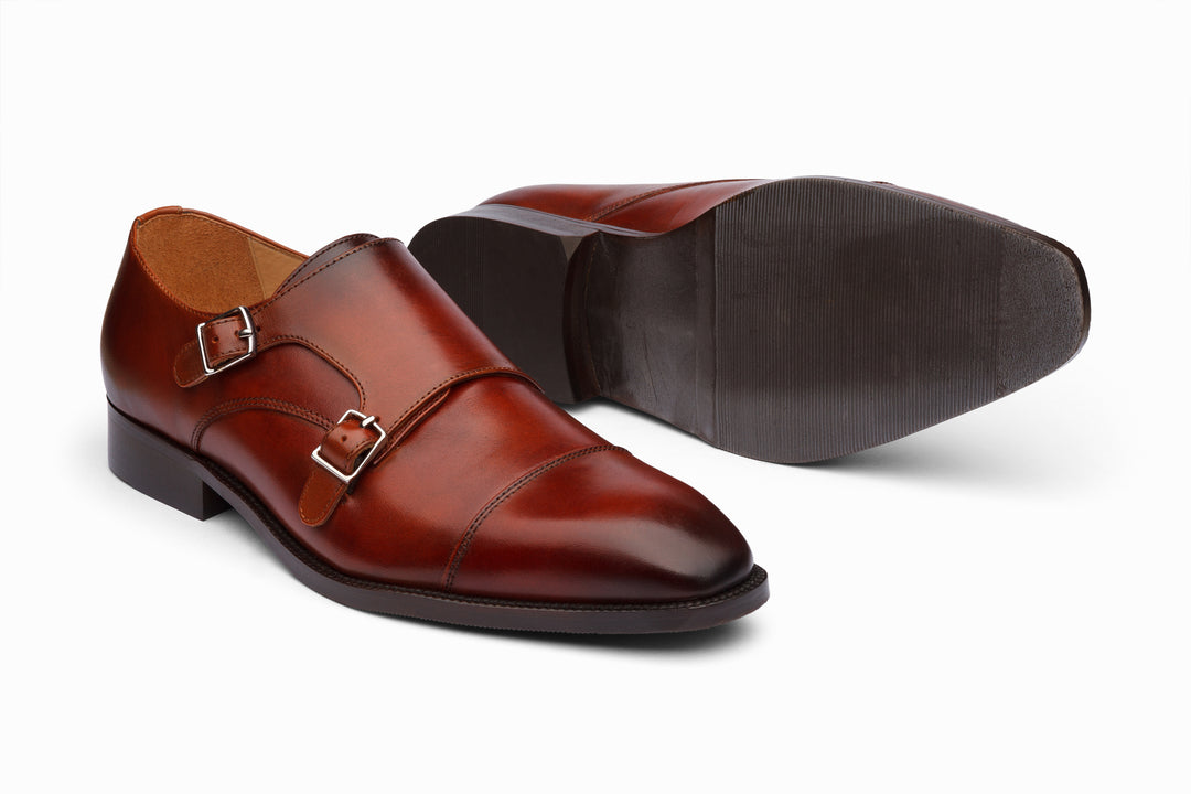 Cognac leather double monkstrap — buckle detail closeup — Dapper Shoes Co.