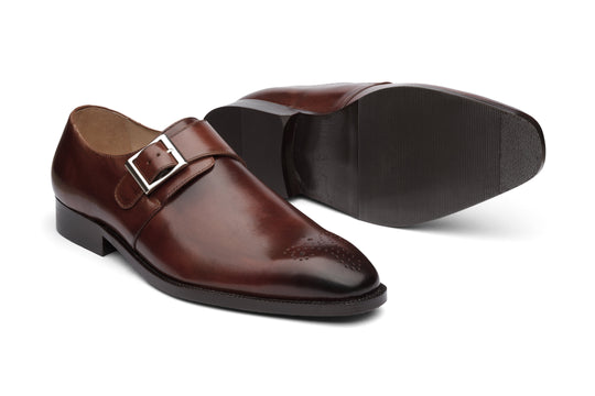 Brown leather monkstrap — three-quarter view — Dapper Shoes Co.