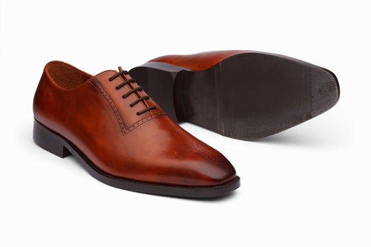 Tan patina leather Oxford — medallion toe detail — Dapper Shoes Co.