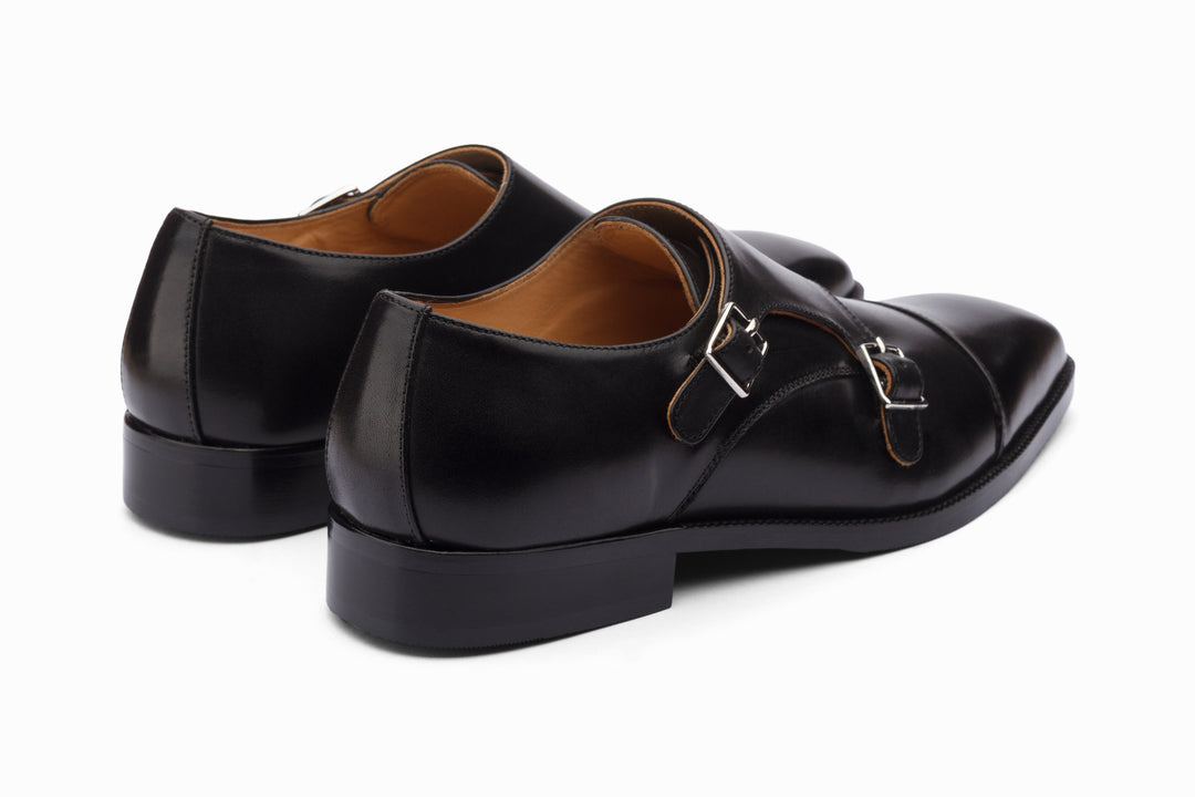 Black double monkstrap — top-down view — handcrafted in New Delhi