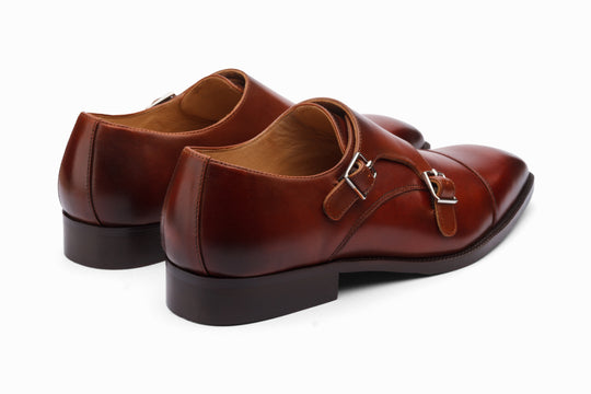 Double monk strap shoes in cognac — top-down view — handcrafted in New Delhi
