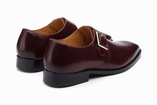 Burgundy leather single monk strap — top-down view — handcrafted in New Delhi