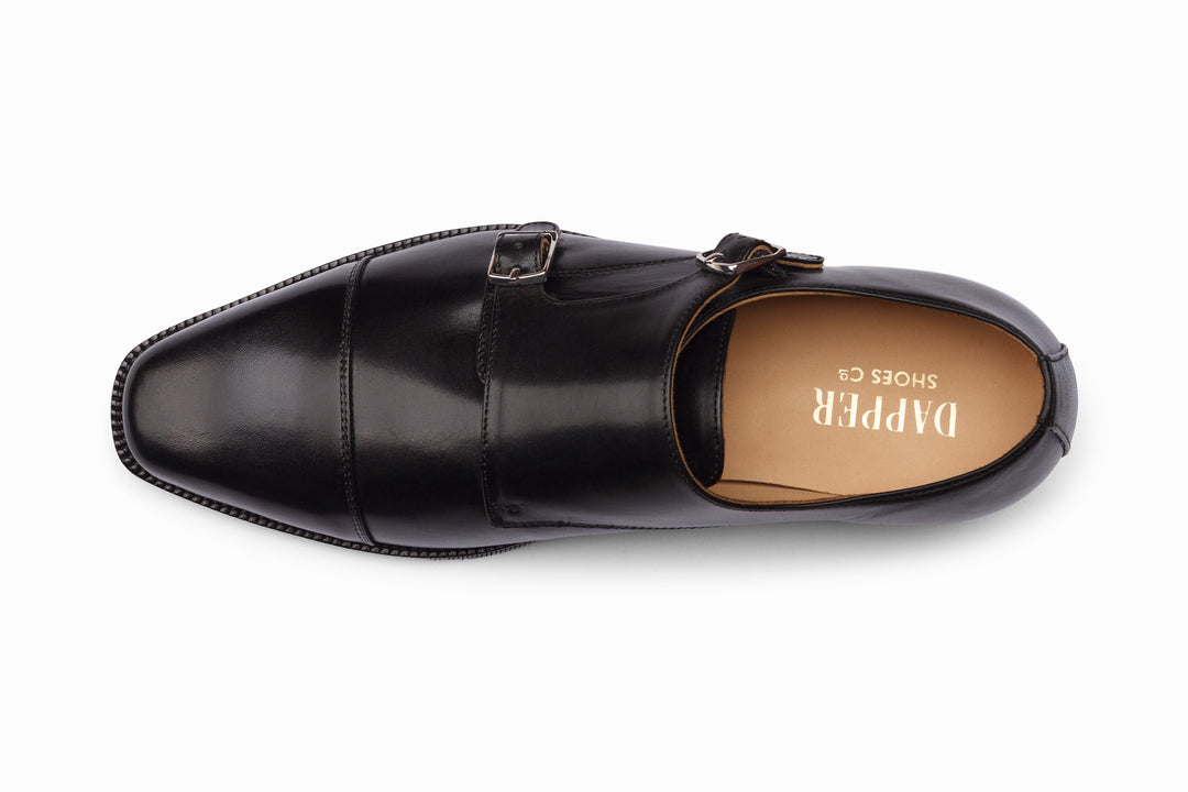 Black cap toe double monkstrap — lifestyle worn on feet — Dapper Shoes Co.