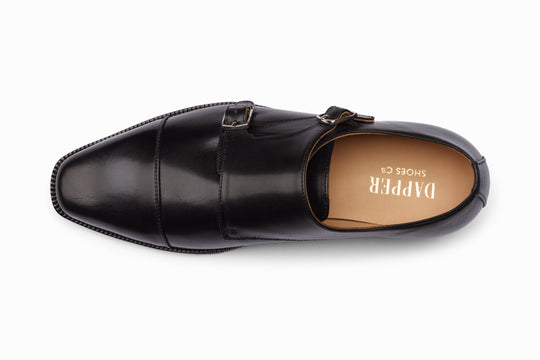 Black cap toe double monkstrap — lifestyle worn on feet — Dapper Shoes Co.