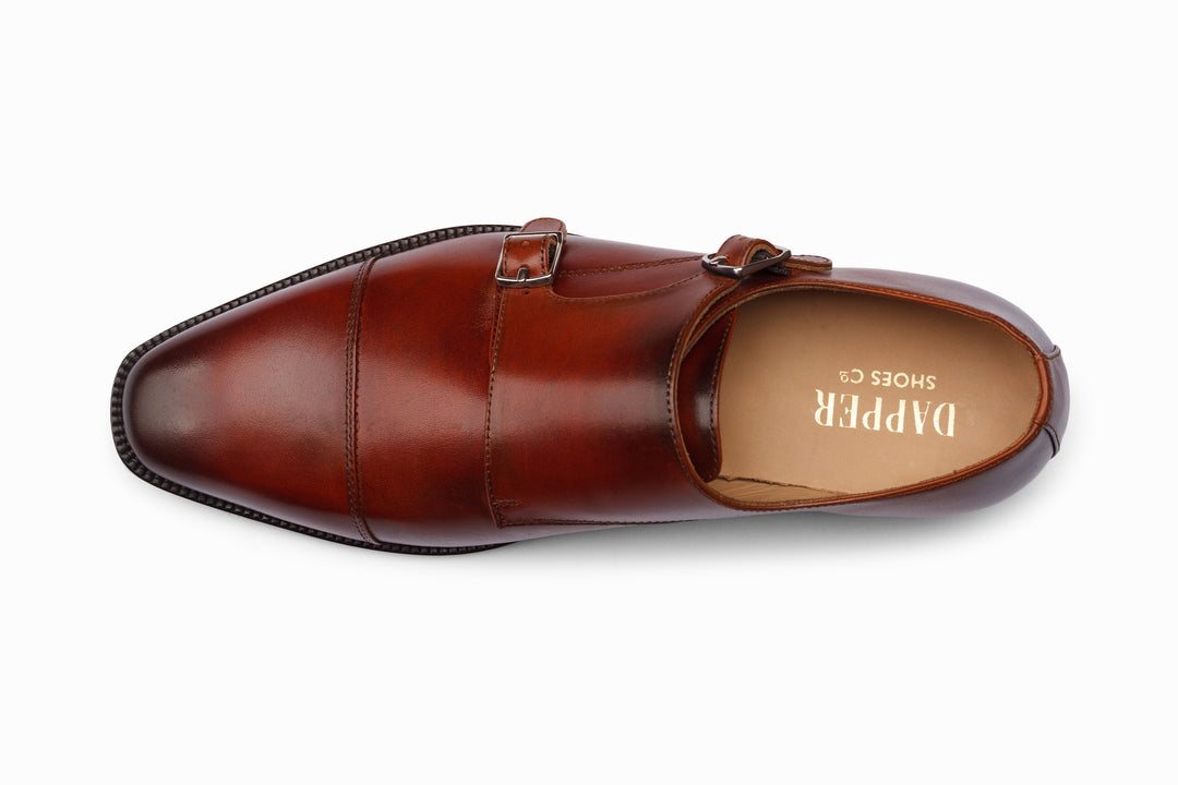 Cognac cap toe double monkstrap — lifestyle worn on feet — Dapper Shoes Co.