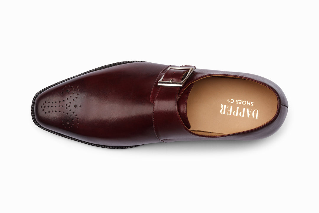Burgundy medallion monkstrap — lifestyle worn on feet — Dapper Shoes Co.