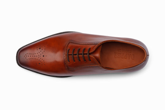 Medallion Oxford antique tan patina — lifestyle shot — Dapper Shoes Co.