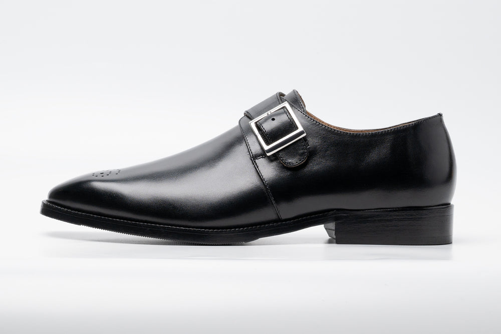 Medallion Single Monkstrap Leather Shoes - Black
