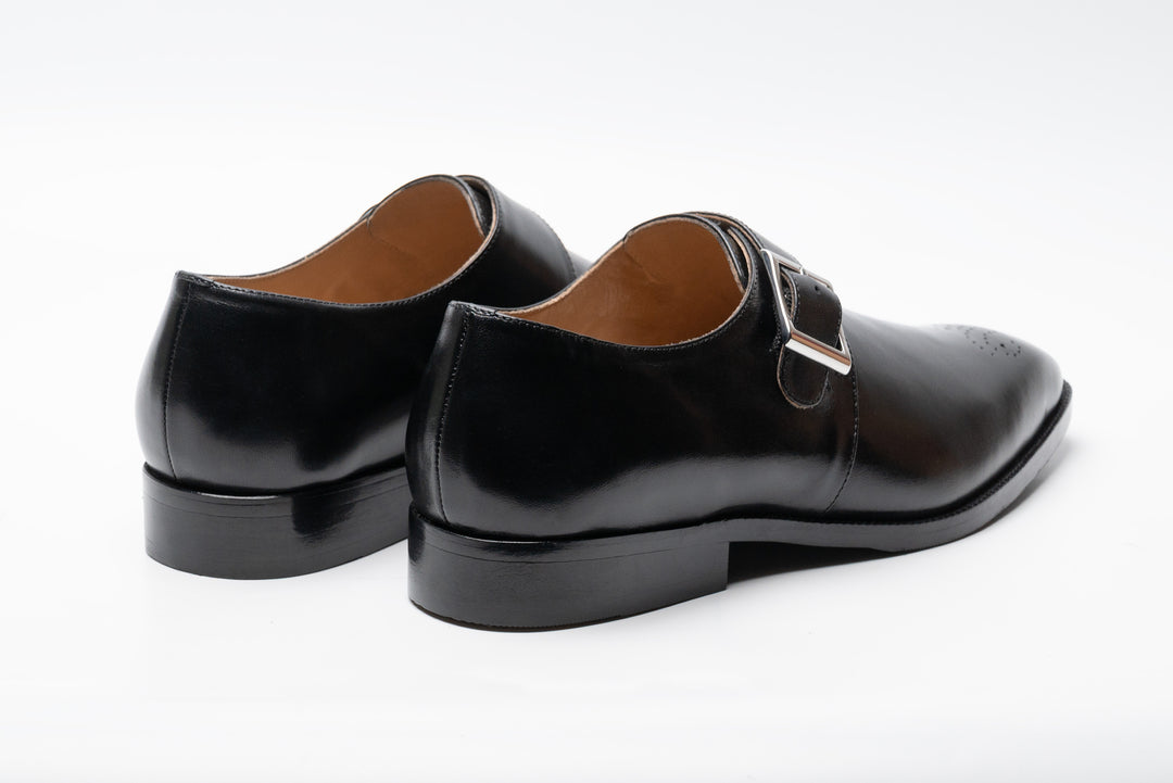 Medallion Single Monkstrap Leather Shoes - Black