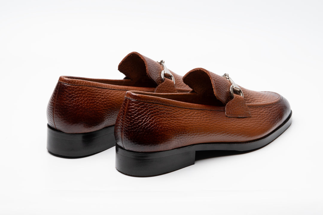 Tan milled leather horsebit loafer — three-quarter view — Dapper Shoes Co.